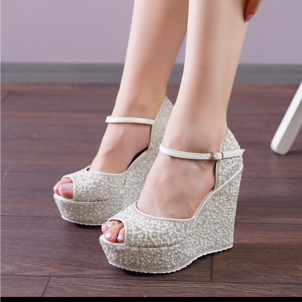 bridal wedges with pearl embroidery